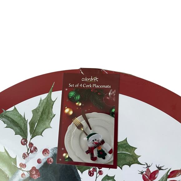 Christmas Cork Backed Hard Placemats 15in Holiday Snowman & Poinsettia 4pc New - Picture 9 of 9